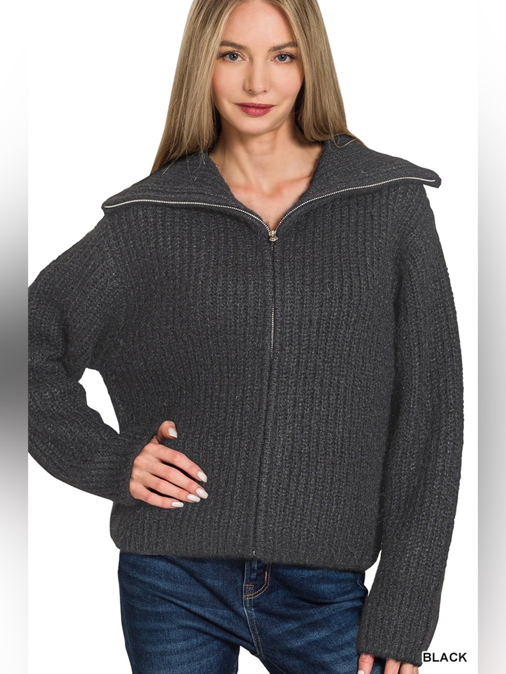 Z41 Zenana Chunky Charcoal Zip-Up Ribbed Sweater